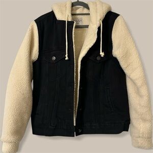 Love Tree | Black Denim Faux Wool Hooded Jacket